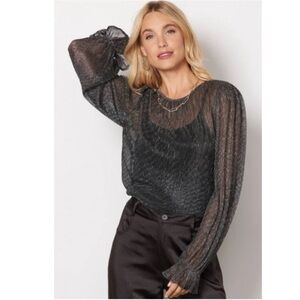 NWT Evereve Cam Sheer Shine Blouse Dark Silver Metallic Ruffle Cuff Keyhole Back